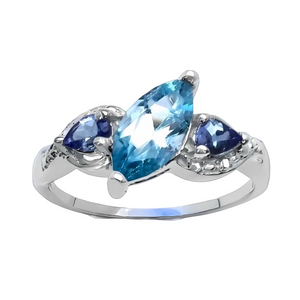 Topaz Tanzanite Ring Marquise Pear Cut Rhodium Sterling Silver Sky Blue W 7 NWT
